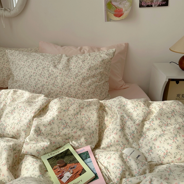 91家纺网 家纺一手货源 找家纺 （总）尺素 2025新款田园小清新纯棉四件套出口韩国ins博主风全棉被套纯色加大床单1.8床笠印花枕套学生宿舍三件套