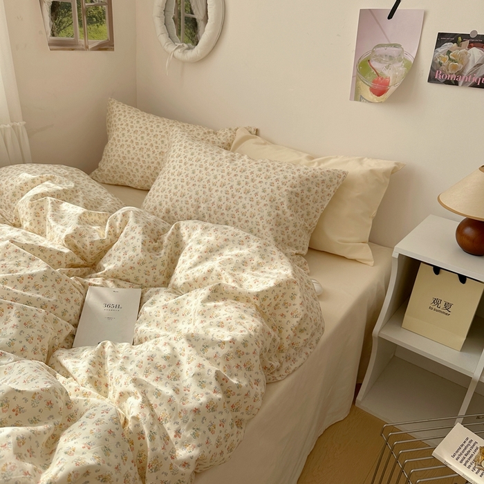 尺素 2025新款田园小清新纯棉四件套出口韩国ins博主风全棉被套纯色加大床单1.8床笠印花枕套学生宿舍三件套 花似锦 奶白