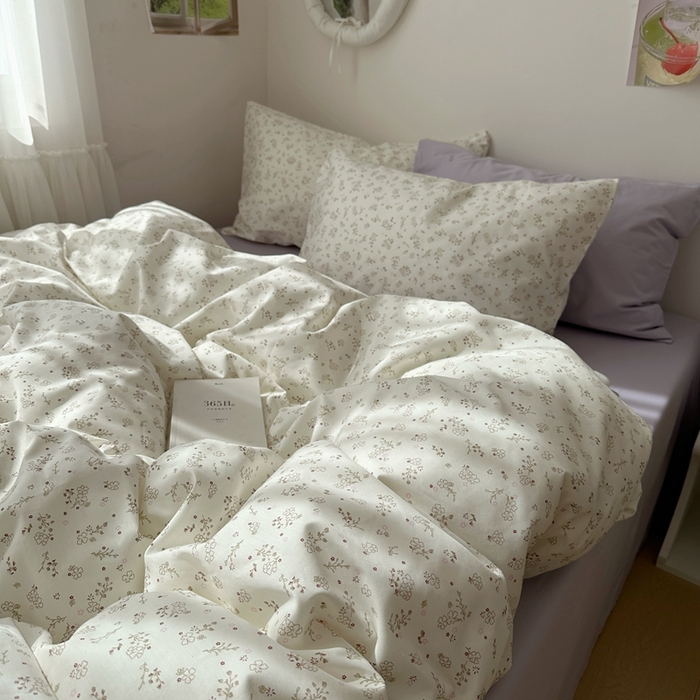 91家纺网 家纺一手货源 找家纺 尺素 2025新款田园小清新纯棉四件套出口韩国ins博主风全棉被套纯色加大床单1.8床笠印花枕套学生宿舍三件套 紫鸢千夏紫