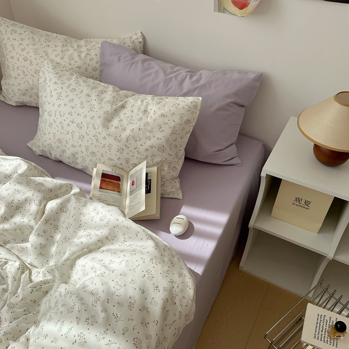 91家纺网 家纺一手货源 找家纺 尺素 2025新款田园小清新纯棉四件套出口韩国ins博主风全棉被套纯色加大床单1.8床笠印花枕套学生宿舍三件套 紫鸢千夏紫