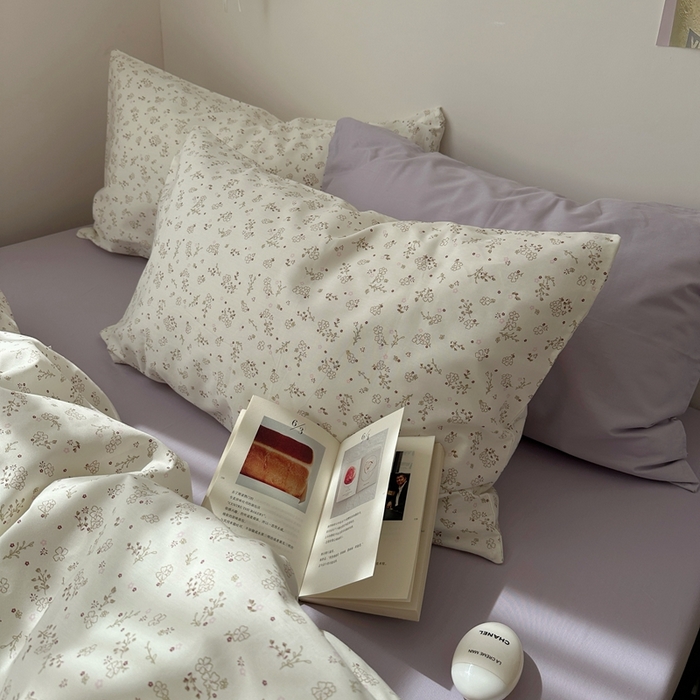 91家纺网 家纺一手货源 找家纺 尺素 2025新款田园小清新纯棉四件套出口韩国ins博主风全棉被套纯色加大床单1.8床笠印花枕套学生宿舍三件套 紫鸢千夏紫