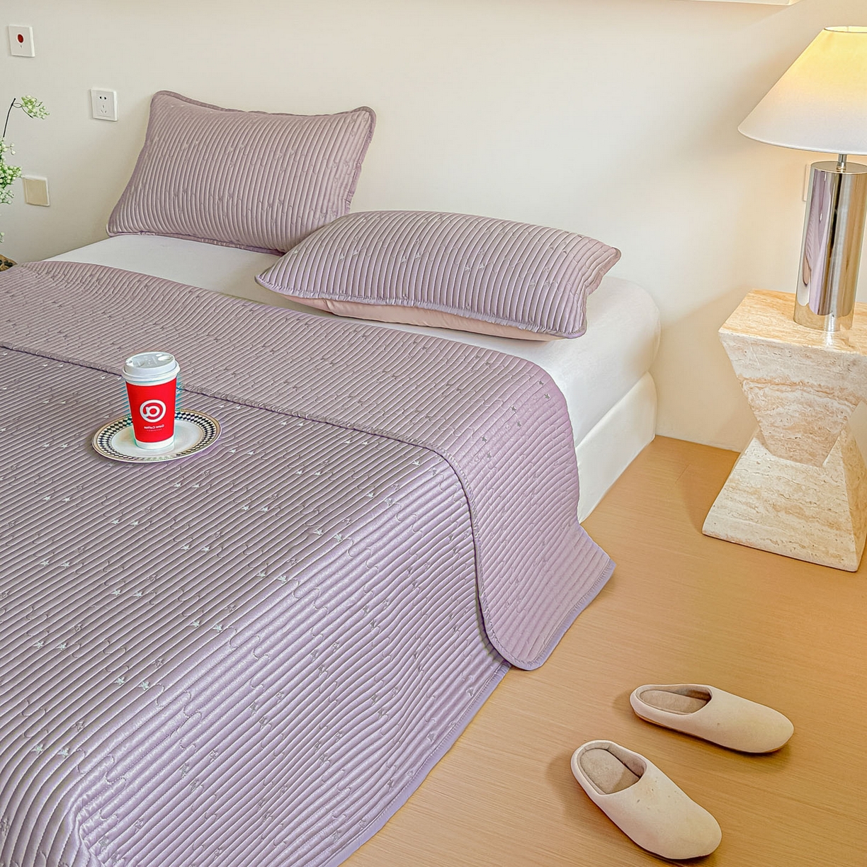 91家纺网 家纺一手货源 找家纺 恒尚居 2025新款莫代尔天丝夏季床盖绗缝星星刺绣夹棉床单三件套 星空-紫