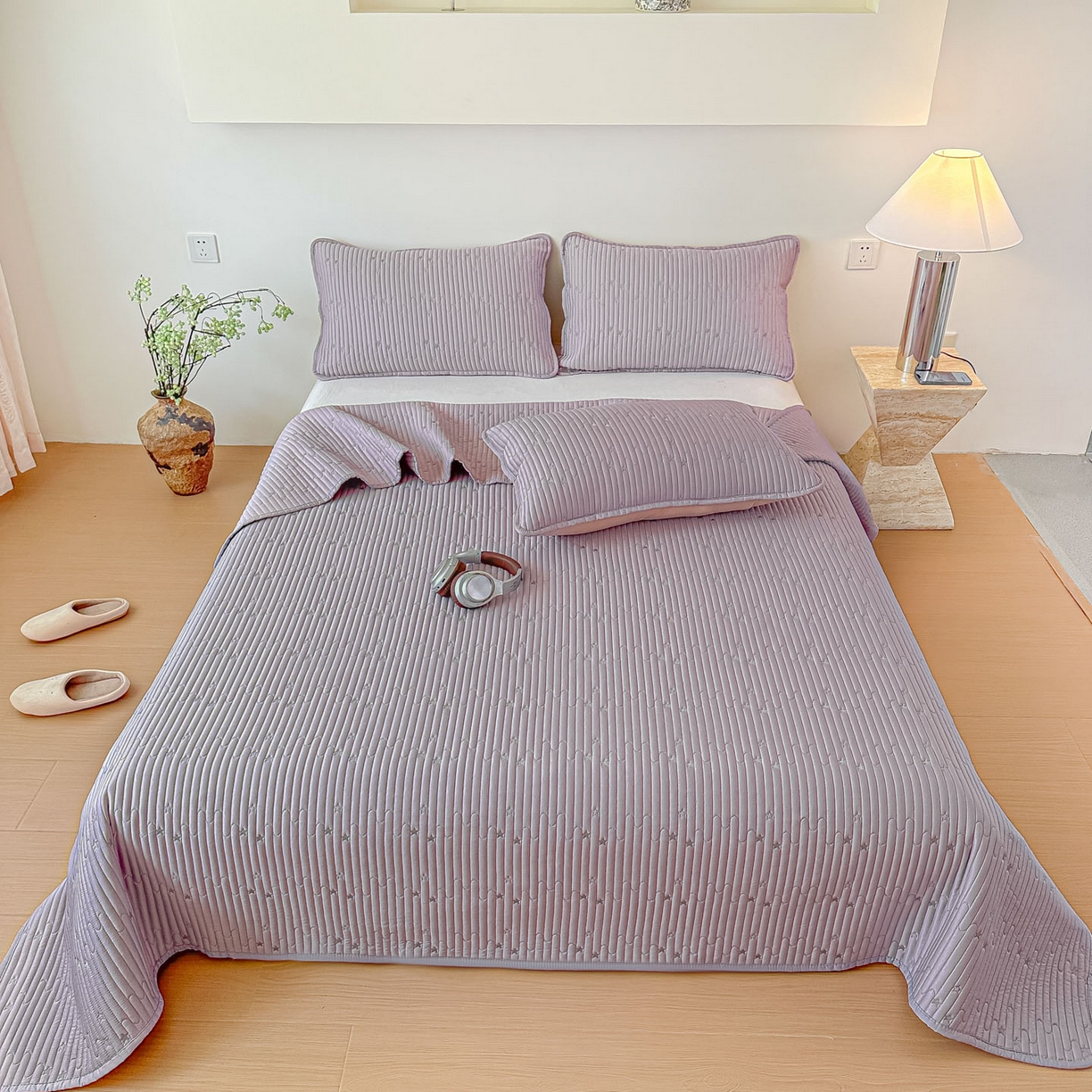 91家纺网 家纺一手货源 找家纺 恒尚居 2025新款莫代尔天丝夏季床盖绗缝星星刺绣夹棉床单三件套 星空-紫