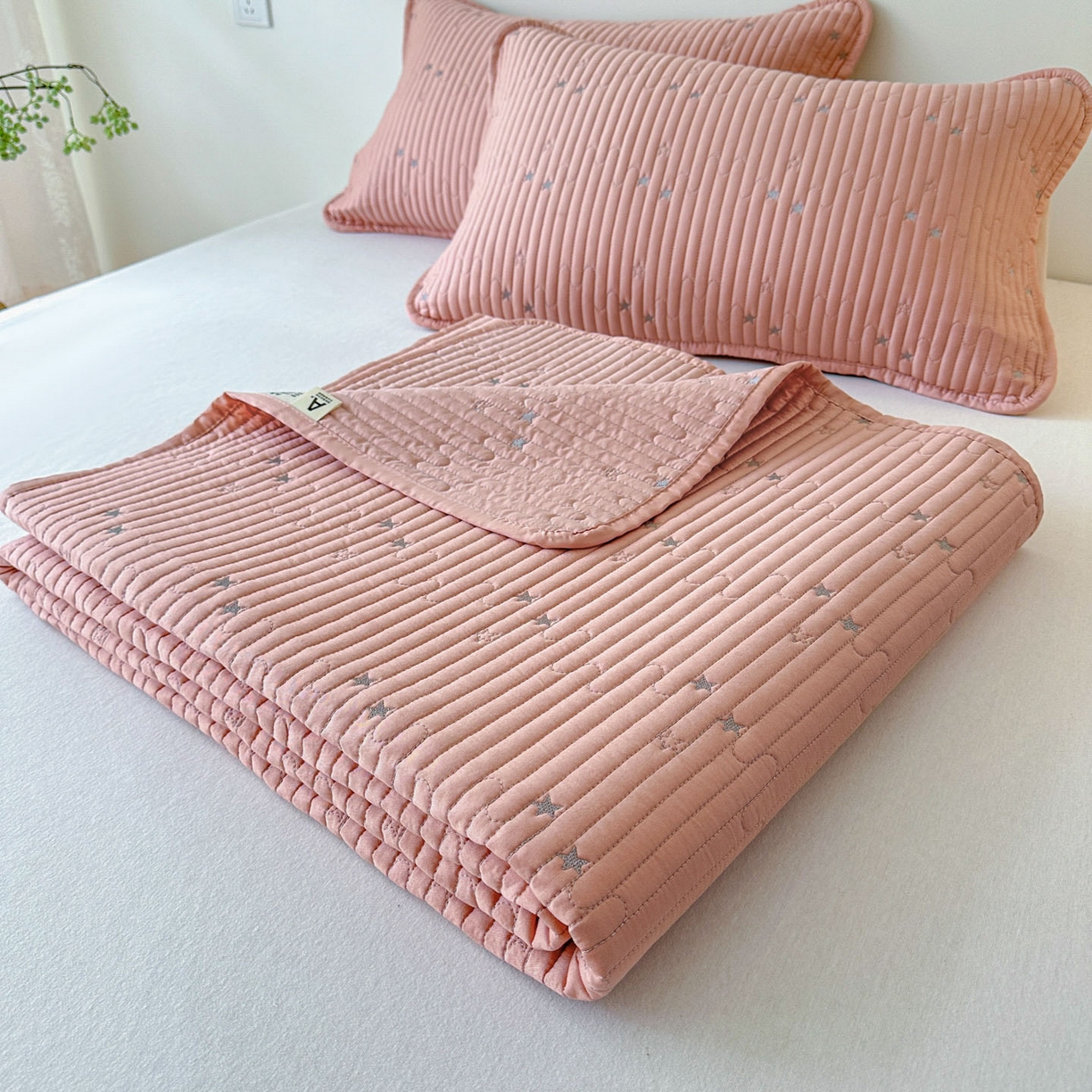 91家纺网 家纺一手货源 找家纺 恒尚居 2025新款莫代尔天丝夏季床盖绗缝星星刺绣夹棉床单三件套 星空-粉