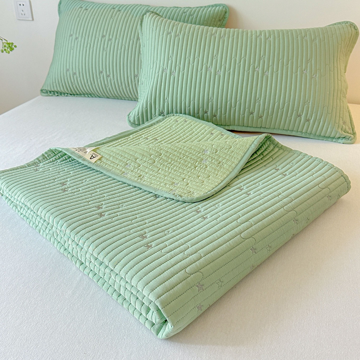 91家纺网 家纺一手货源 找家纺 恒尚居 2025新款莫代尔天丝夏季床盖绗缝星星刺绣夹棉床单三件套 星空-绿