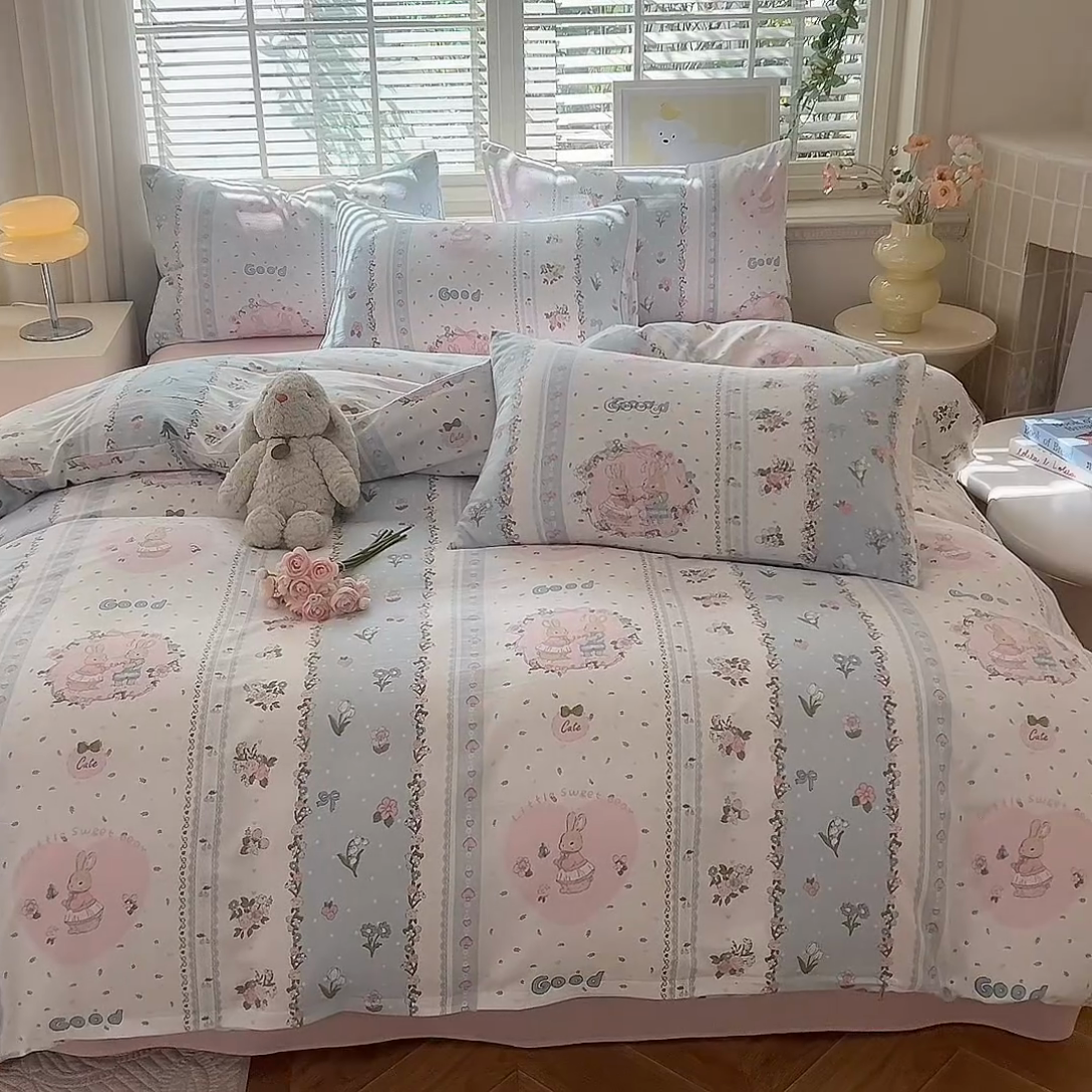 91家纺网 家纺一手货源 找家纺 多品家纺 2025新款ins风水洗棉学生宿舍三件套 兔兔庄园