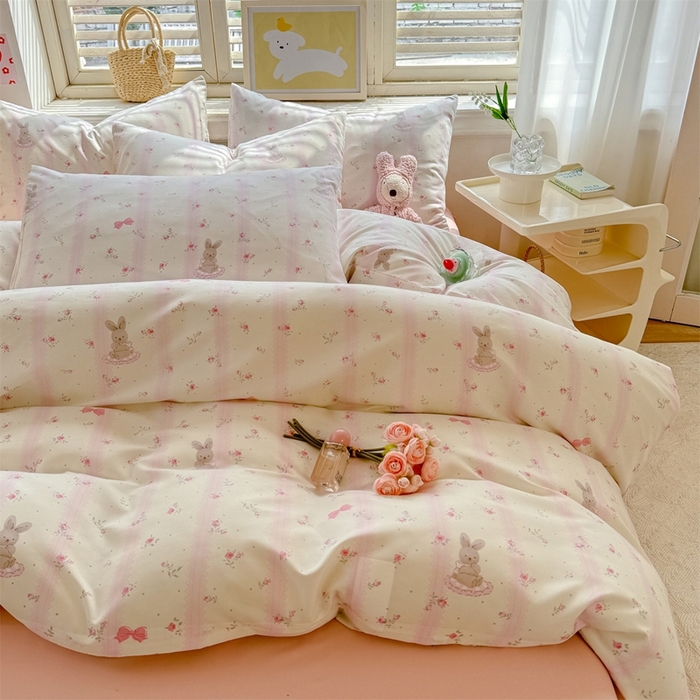 91家纺网 家纺一手货源 找家纺 多品家纺 2025新款ins风水洗棉学生宿舍三件套 兔斑比