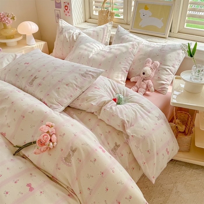 91家纺网 家纺一手货源 找家纺 多品家纺 2025新款ins风水洗棉学生宿舍三件套 兔斑比