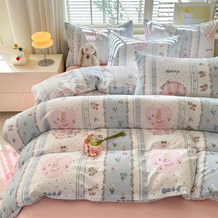 91家纺网 家纺一手货源 找家纺 多品家纺 2025新款ins风水洗棉学生宿舍三件套 兔兔庄园