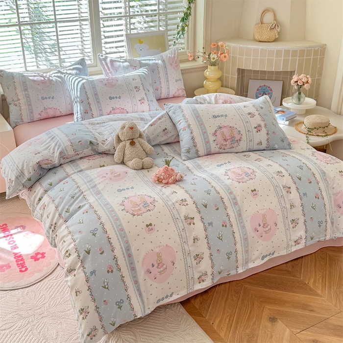 91家纺网 家纺一手货源 找家纺 多品家纺 2025新款ins风水洗棉学生宿舍三件套 兔兔庄园