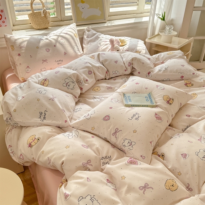 91家纺网 家纺一手货源 找家纺 多品家纺 2025新款ins风水洗棉学生宿舍三件套 蛋糕狗