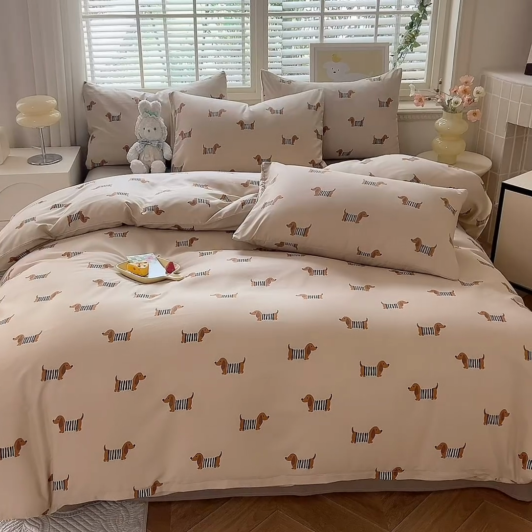 91家纺网 家纺一手货源 找家纺 多品家纺 2025新款ins风水洗棉学生宿舍三件套 复古狗