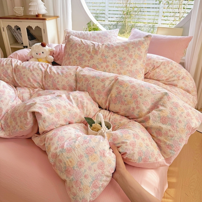 91家纺网 家纺一手货源 找家纺 壹号库家纺 2025新款云感木绵皱皱双层纱四件套-简单款 梦露