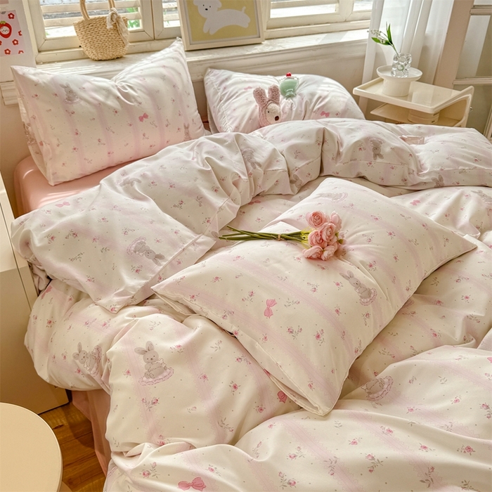 91家纺网 家纺一手货源 找家纺 多品家纺 2025新款ins风水洗棉学生宿舍三件套 兔斑比