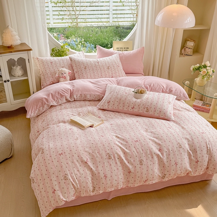 91家纺网 家纺一手货源 找家纺 壹号库家纺 2025新款云感木绵皱皱双层纱四件套-简单款 蕾丝小兔