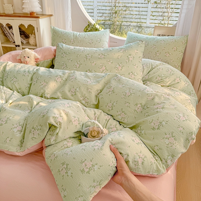 91家纺网 家纺一手货源 找家纺 壹号库家纺 2025新款云感木绵皱皱双层纱四件套-简单款 甜茶