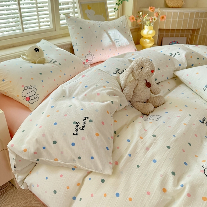 91家纺网 家纺一手货源 找家纺 多品家纺 2025新款ins风水洗棉学生宿舍三件套 波点狗