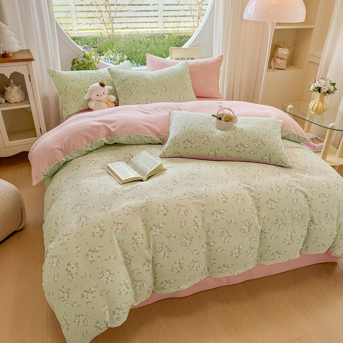 91家纺网 家纺一手货源 找家纺 壹号库家纺 2025新款云感木绵皱皱双层纱四件套-简单款 甜茶