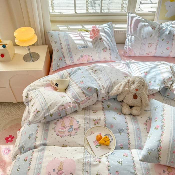 91家纺网 家纺一手货源 找家纺 多品家纺 2025新款ins风水洗棉学生宿舍三件套 兔兔庄园