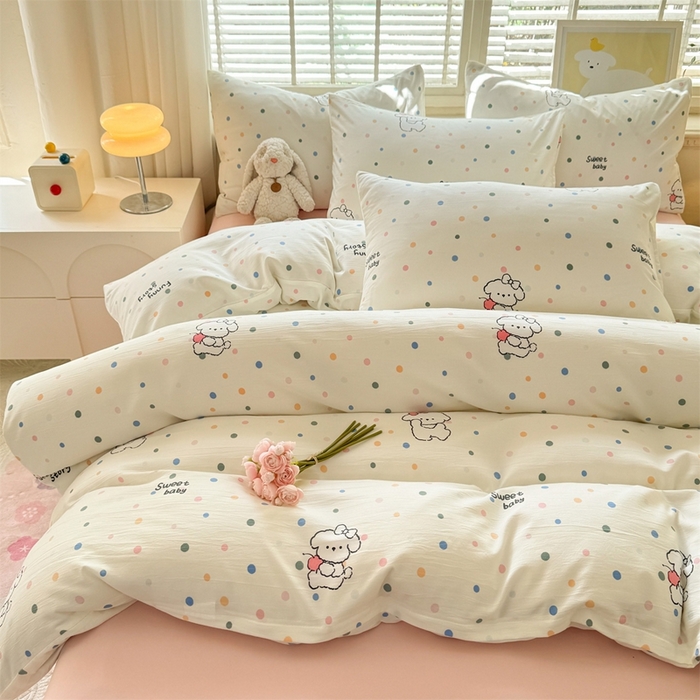 91家纺网 家纺一手货源 找家纺 多品家纺 2025新款ins风水洗棉学生宿舍三件套 波点狗