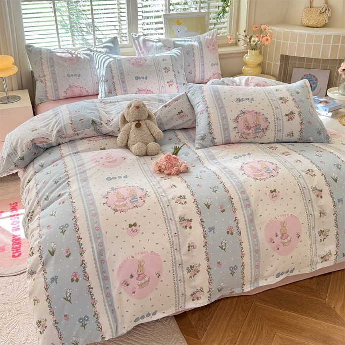 91家纺网 家纺一手货源 找家纺 多品家纺 2025新款ins风水洗棉学生宿舍三件套 兔兔庄园