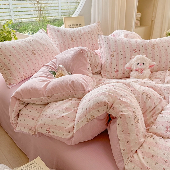 91家纺网 家纺一手货源 找家纺 壹号库家纺 2025新款云感木绵皱皱双层纱四件套-简单款 蕾丝小兔