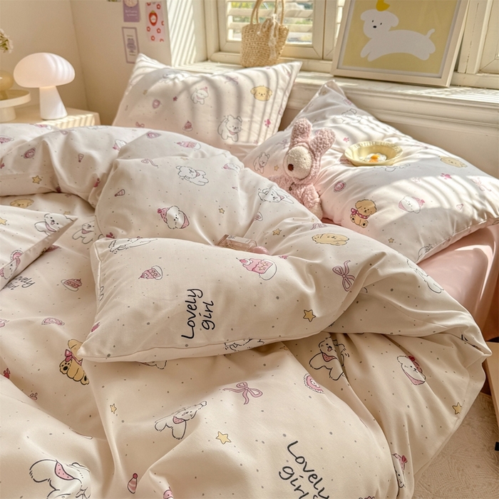 91家纺网 家纺一手货源 找家纺 多品家纺 2025新款ins风水洗棉学生宿舍三件套 蛋糕狗