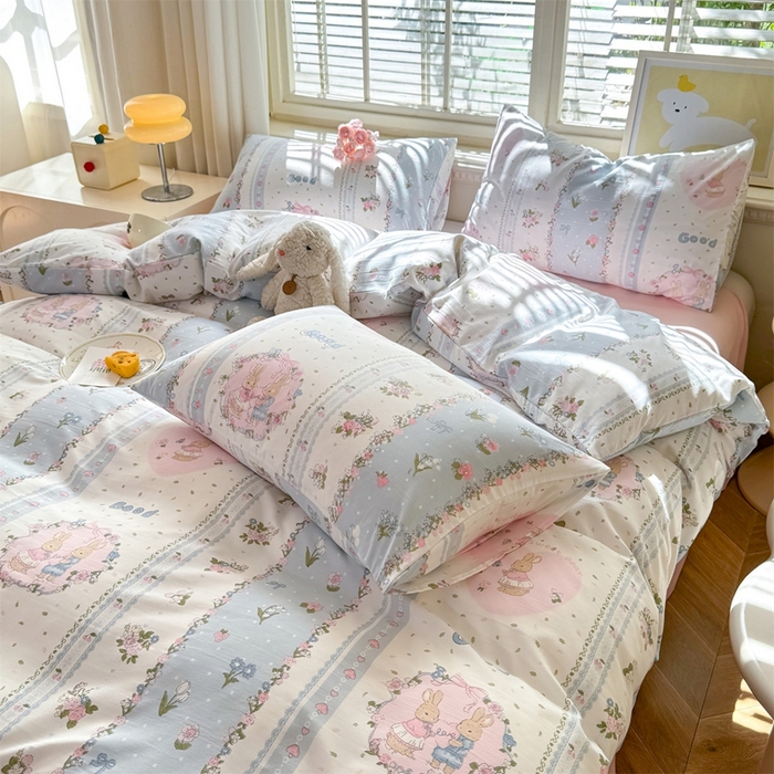 91家纺网 家纺一手货源 找家纺 多品家纺 2025新款ins风水洗棉学生宿舍三件套 兔兔庄园