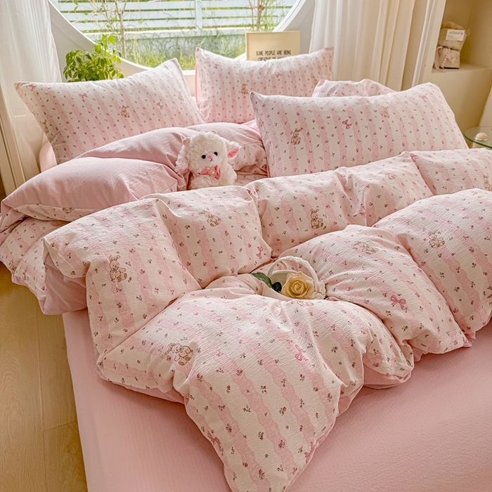 91家纺网 家纺一手货源 找家纺 壹号库家纺 2025新款云感木绵皱皱双层纱四件套-简单款 蕾丝小兔