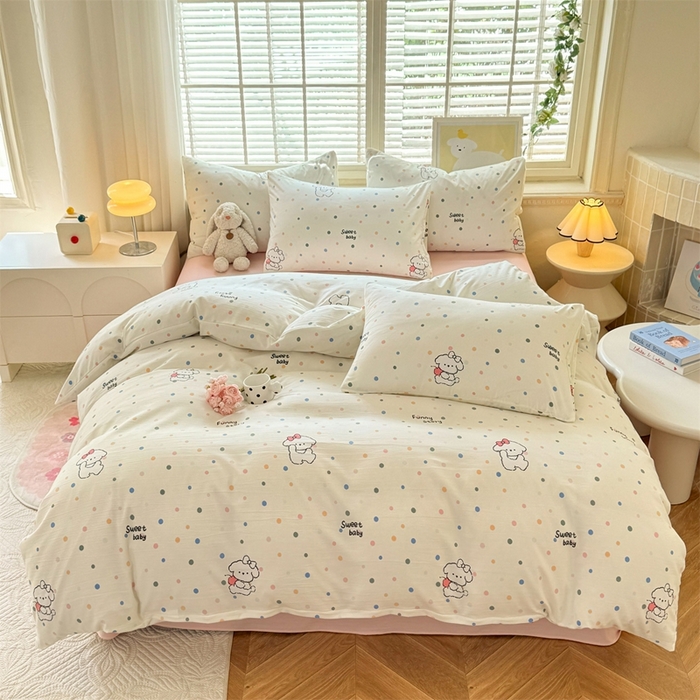 91家纺网 家纺一手货源 找家纺 多品家纺 2025新款ins风水洗棉学生宿舍三件套 波点狗