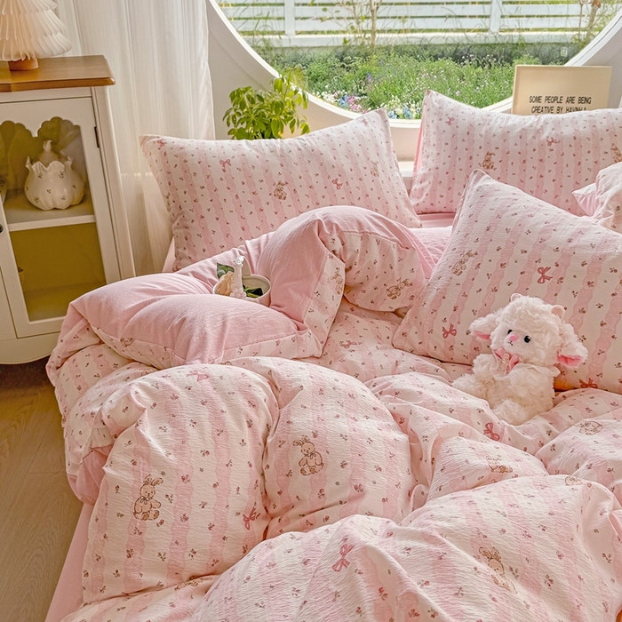 91家纺网 家纺一手货源 找家纺 壹号库家纺 2025新款云感木绵皱皱双层纱四件套-简单款 蕾丝小兔