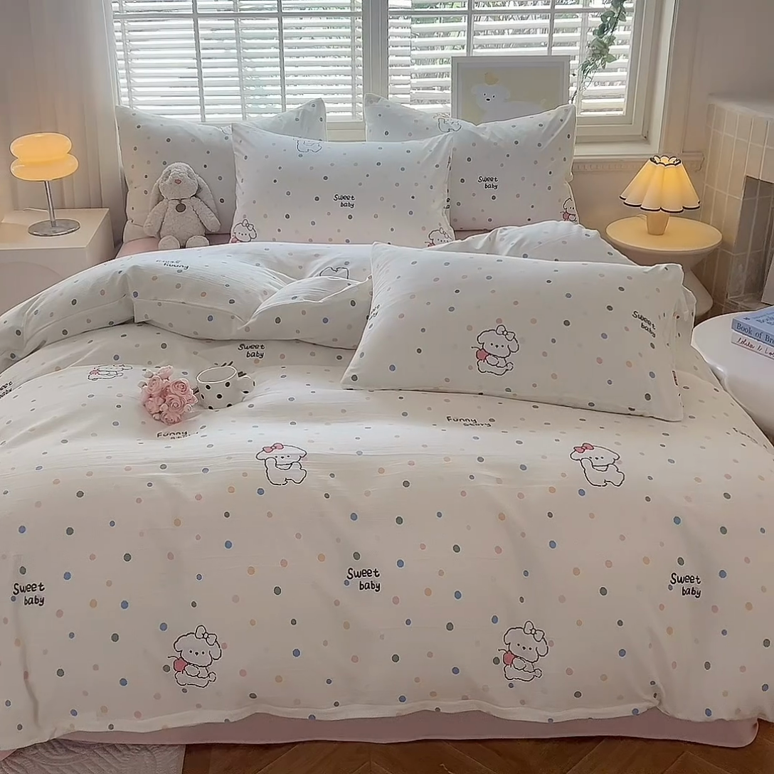 91家纺网 家纺一手货源 找家纺 多品家纺 2025新款ins风水洗棉学生宿舍三件套 波点狗