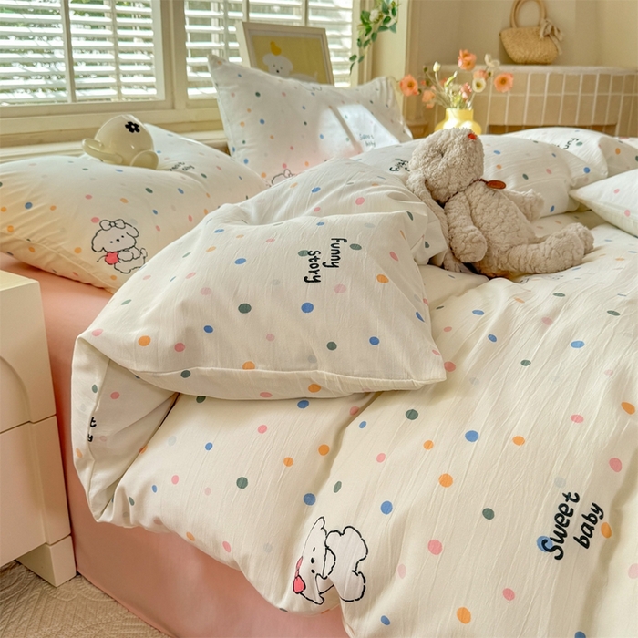 91家纺网 家纺一手货源 找家纺 多品家纺 2025新款ins风水洗棉学生宿舍三件套 波点狗