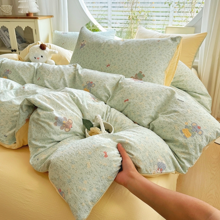 91家纺网 家纺一手货源 找家纺 壹号库家纺 2025新款云感木绵皱皱双层纱四件套-简单款 快乐小象