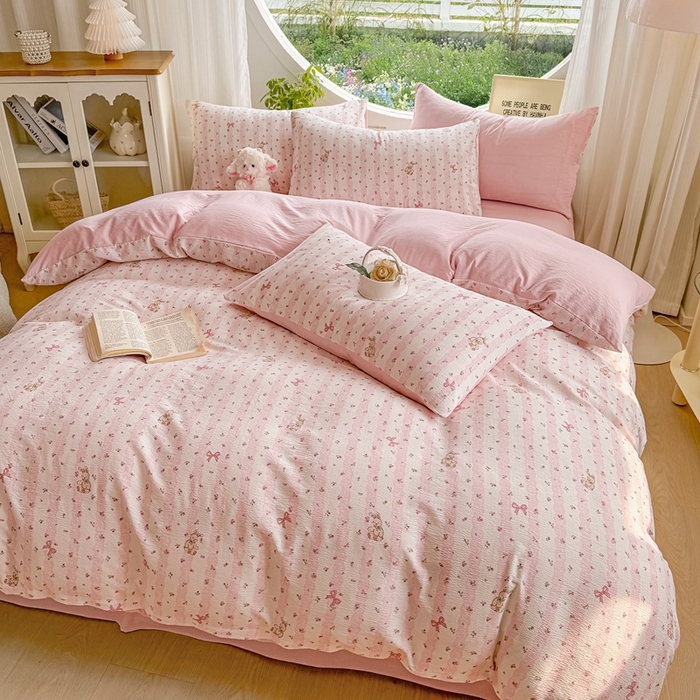 91家纺网 家纺一手货源 找家纺 壹号库家纺 2025新款云感木绵皱皱双层纱四件套-简单款 蕾丝小兔