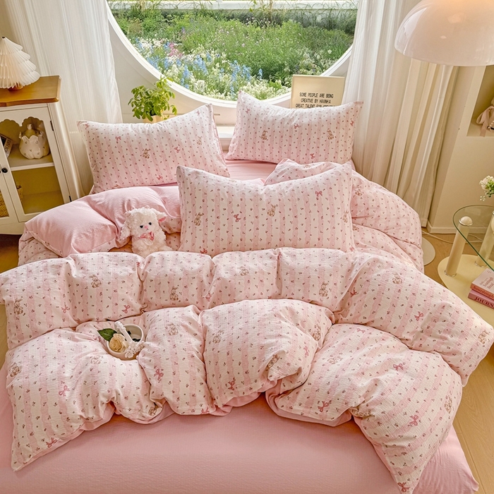 91家纺网 家纺一手货源 找家纺 壹号库家纺 2025新款云感木绵皱皱双层纱四件套-简单款 蕾丝小兔