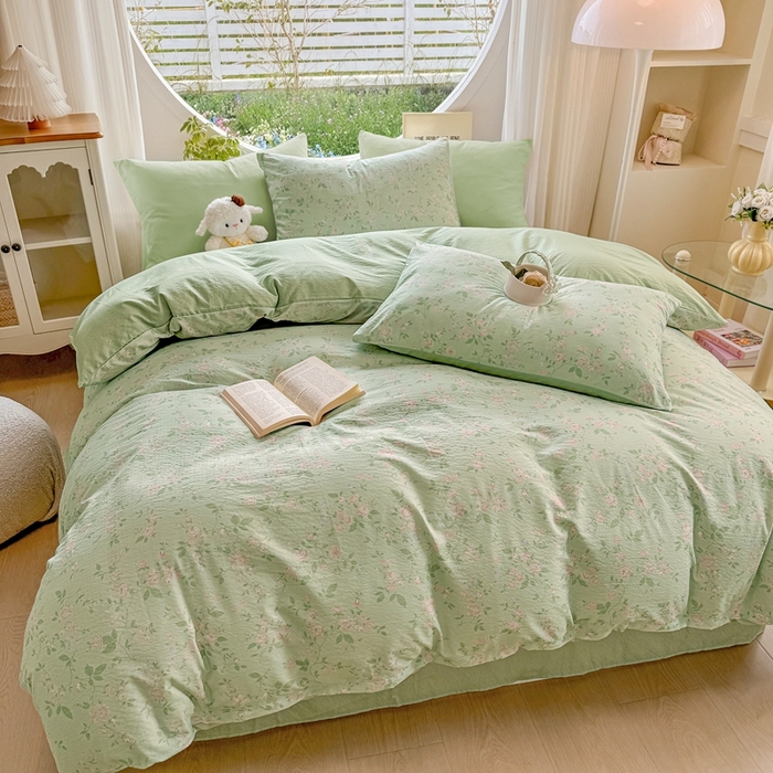 91家纺网 家纺一手货源 找家纺 壹号库家纺 2025新款云感木绵皱皱双层纱四件套-简单款 木兮绿