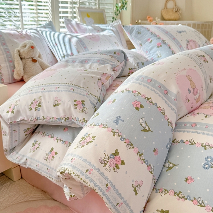 91家纺网 家纺一手货源 找家纺 多品家纺 2025新款ins风水洗棉学生宿舍三件套 兔兔庄园