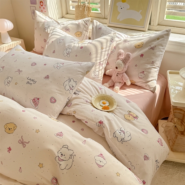 91家纺网 家纺一手货源 找家纺 多品家纺 2025新款ins风水洗棉学生宿舍三件套 蛋糕狗