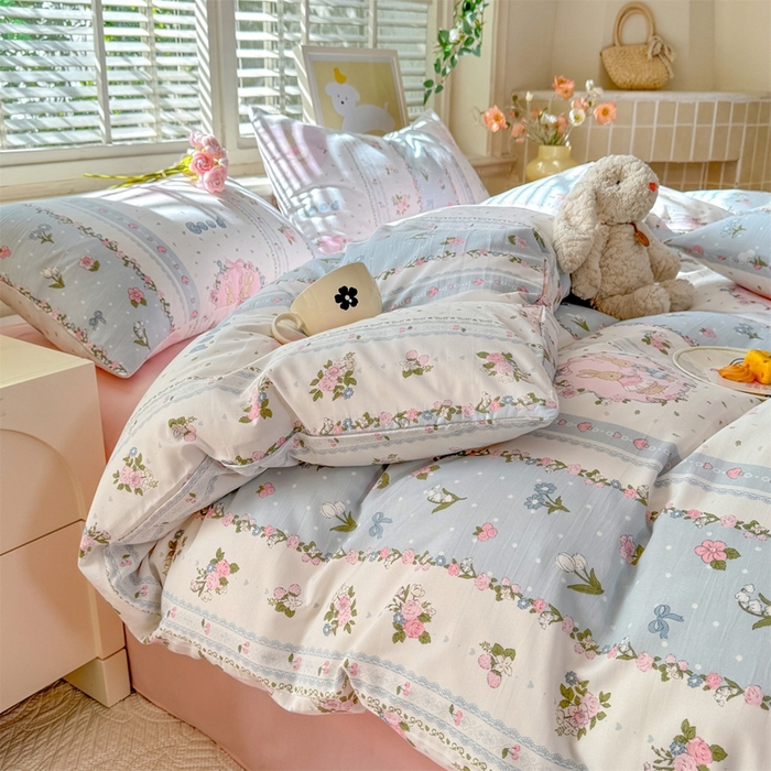 91家纺网 家纺一手货源 找家纺 多品家纺 2025新款ins风水洗棉学生宿舍三件套 兔兔庄园