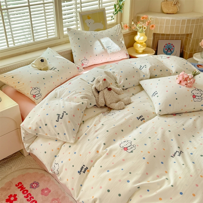 91家纺网 家纺一手货源 找家纺 多品家纺 2025新款ins风水洗棉学生宿舍三件套 波点狗