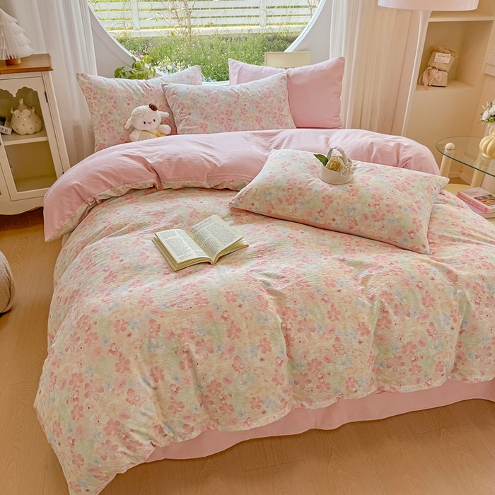 91家纺网 家纺一手货源 找家纺 壹号库家纺 2025新款云感木绵皱皱双层纱四件套-简单款 十里桃花