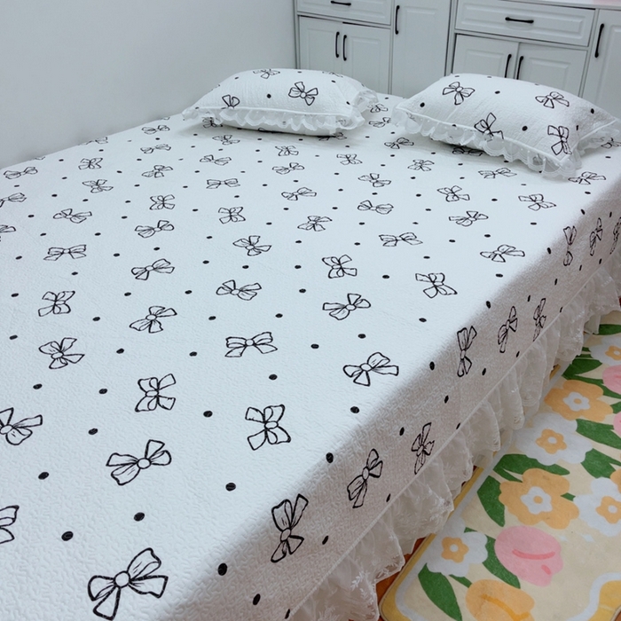 91家纺网 家纺一手货源 找家纺 暖居 2025新款纯棉大蕾丝榻榻米农村大炕盖支持定制 蝴蝶结白仙女款