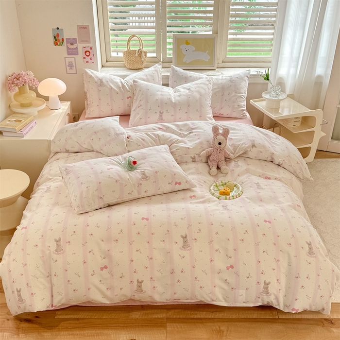 91家纺网 家纺一手货源 找家纺 多品家纺 2025新款ins风水洗棉学生宿舍三件套 兔斑比