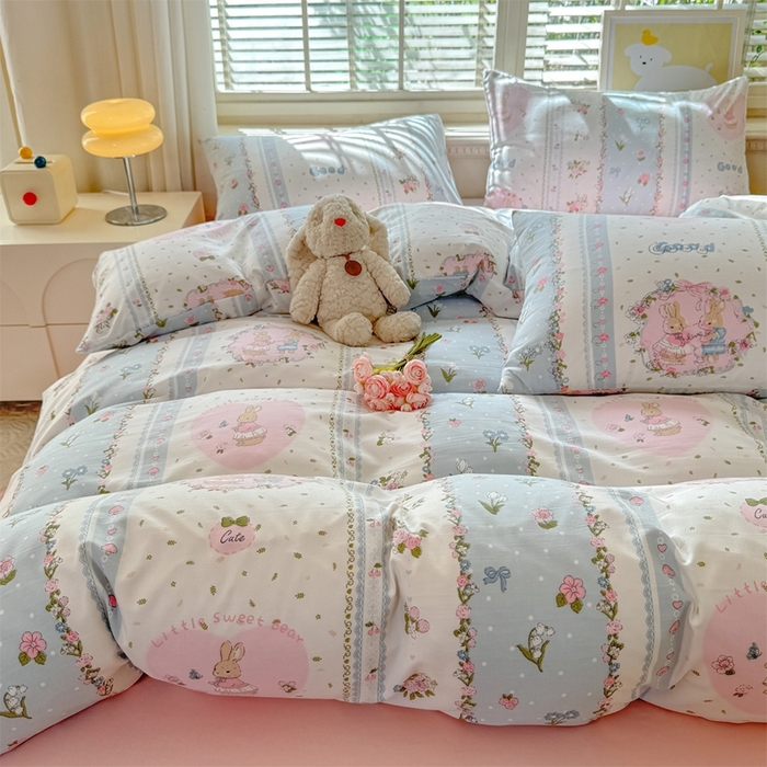 91家纺网 家纺一手货源 找家纺 多品家纺 2025新款ins风水洗棉学生宿舍三件套 兔兔庄园