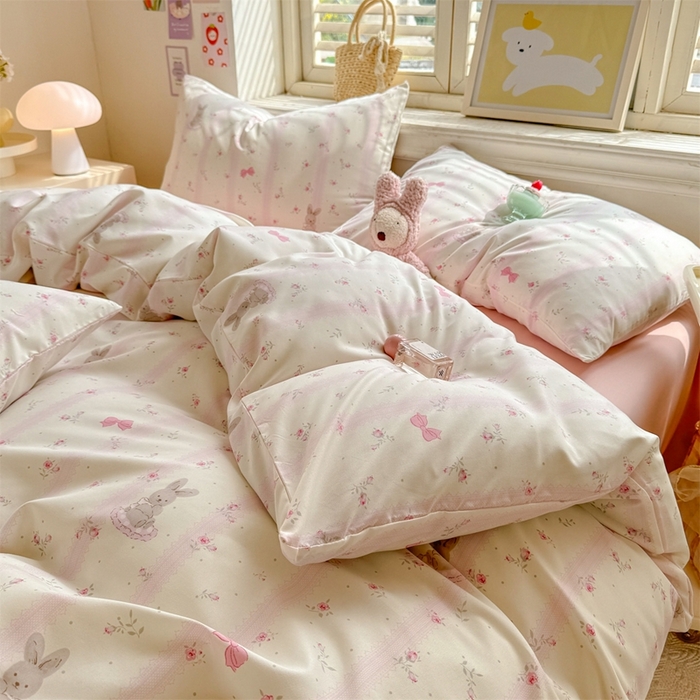 91家纺网 家纺一手货源 找家纺 多品家纺 2025新款ins风水洗棉学生宿舍三件套 兔斑比