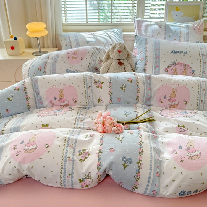 91家纺网 家纺一手货源 找家纺 多品家纺 2025新款ins风水洗棉学生宿舍三件套 兔兔庄园