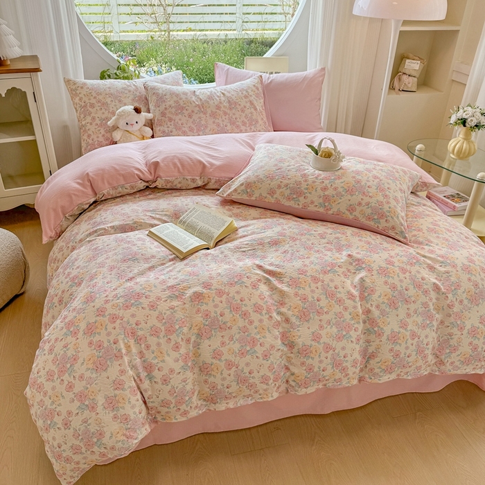 91家纺网 家纺一手货源 找家纺 壹号库家纺 2025新款云感木绵皱皱双层纱四件套-简单款 梦露