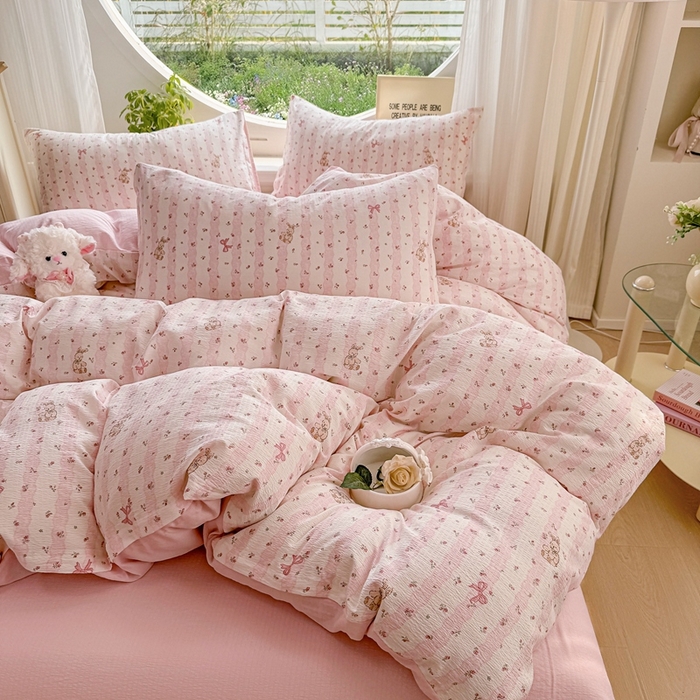 91家纺网 家纺一手货源 找家纺 壹号库家纺 2025新款云感木绵皱皱双层纱四件套-简单款 蕾丝小兔