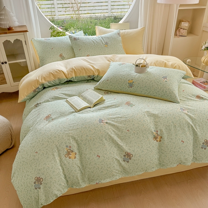 91家纺网 家纺一手货源 找家纺 壹号库家纺 2025新款云感木绵皱皱双层纱四件套-简单款 快乐小象